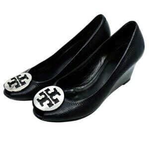 TORY BURCH~Sally 2~BLACK PEBBLED LEATHER PEEP TOE WEDGE PUMP WOMEN'S SHOE Size 9
